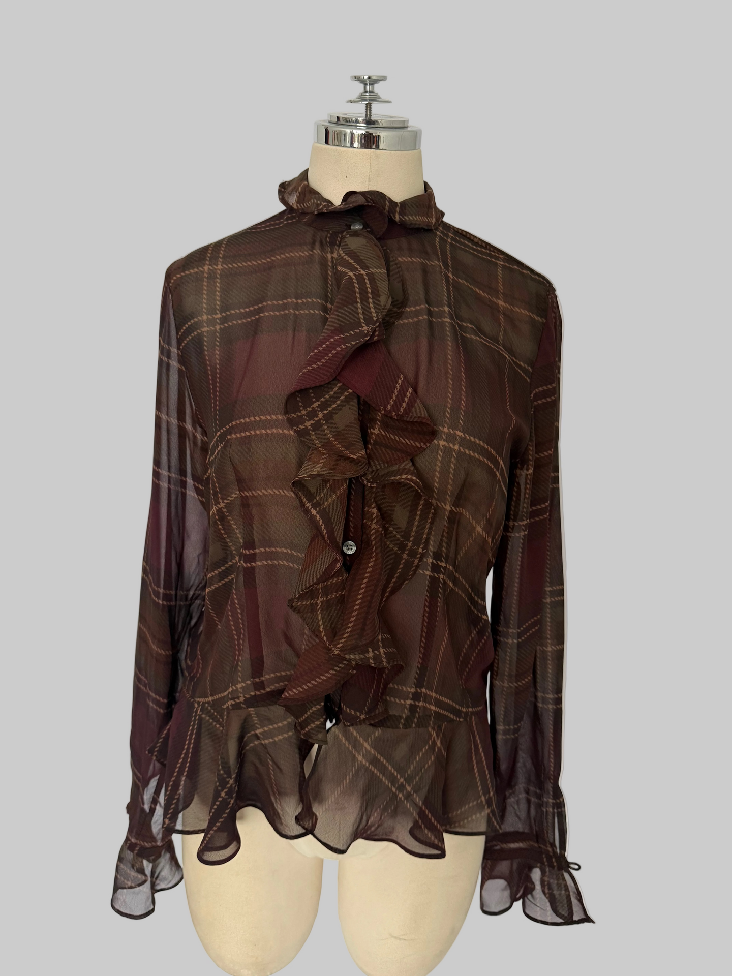 Vintage Sheer Plaid Ruffle Blouse